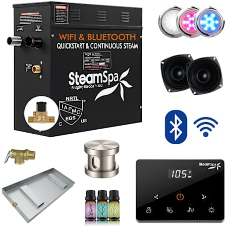 SteamSpa Black 9 KW Steam Bath Generator Wireless Package with Auto Drain Brushed Nickel