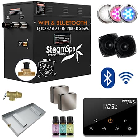 SteamSpa Black 10.5 KW Steam Bath Generator Wireless Package with Square Steam Heads and Auto Drain Brushed Nickel