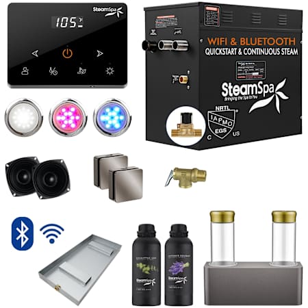 SteamSpa Black 12 KW Steam Bath Generator Wireless Package with Dual Aroma Pump and Auto Drain Brushed Nickel