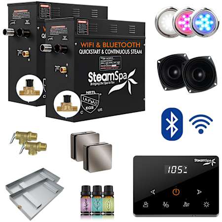 SteamSpa Black 15 KW Steam Bath Generator Wireless Package with Auto Drain and Square Steam Heads Brushed Nickel