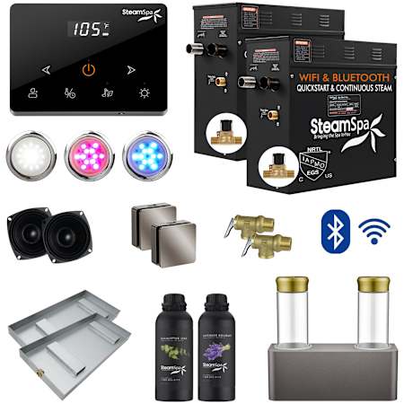 SteamSpa Black 15 KW Steam Bath Generator Wireless Package with Dual Aroma Pump and Auto Drain Brushed Nickel