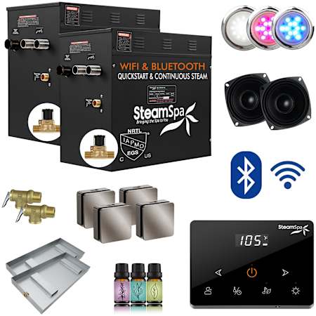 SteamSpa Black 21 KW Steam Bath Generator Wireless Package with Auto Drain and Square Steam Heads Brushed Nickel