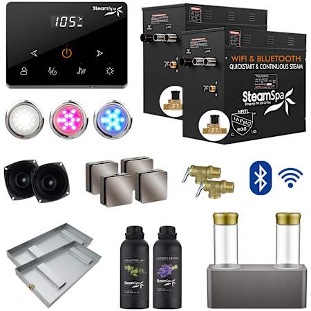 SteamSpa Black 21 KW Steam Bath Generator Wireless Package with Dual Aroma Pump and Auto Drain Brushed Nickel