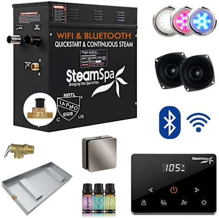 SteamSpa Black 900 KW Steam Bath Generator Wireless Package with Auto Drain Brushed Nickel