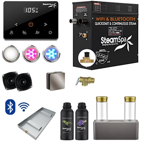 SteamSpa Black 900 KW Steam Bath Generator Wireless Package with Dual Aroma Pump and Auto Drain Brushed Nickel