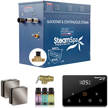 SteamSpa Oasis 12 KW Steam Generator with Continuous Steam Wireless Control, Auto-Drain and Square Steam Heads Brushed Nickel