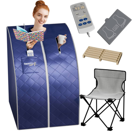 SteamSpa Portable 1-Person Home Sauna Infrared Heating with Digital Control, Heated Foot Pad and Foldable Chair Royal Blue