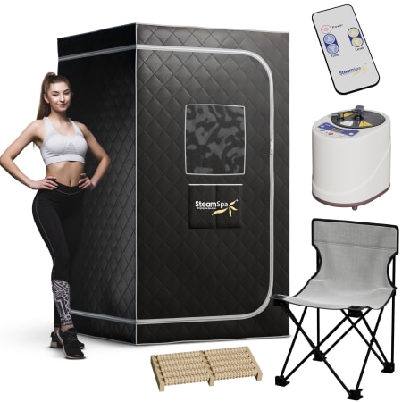 SteamSpa Portable 1-Person Home Steam Sauna with 2-Liter Steam Generator with Digital Control, Foot Massager and Folding Chair Black