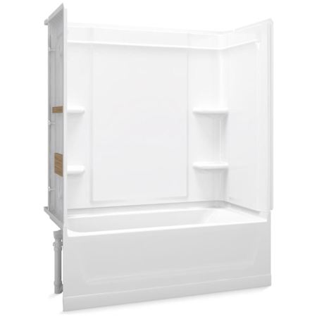 Sterling Ensemble 60" Vikrell Alcove Bath/Shower Module with Left Above-Floor Drain, Soaking Tub, 3 Walls with Backer Boards, and 4 Shelves White