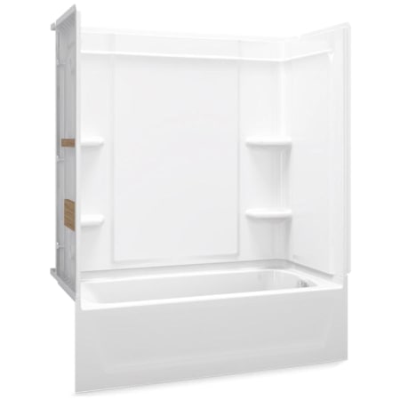 Sterling Ensemble 60" Vikrell Alcove Bath/Shower Module with Right Drain, Soaking Tub, 3 Walls with Backer Boards, and 4 Shelves White
