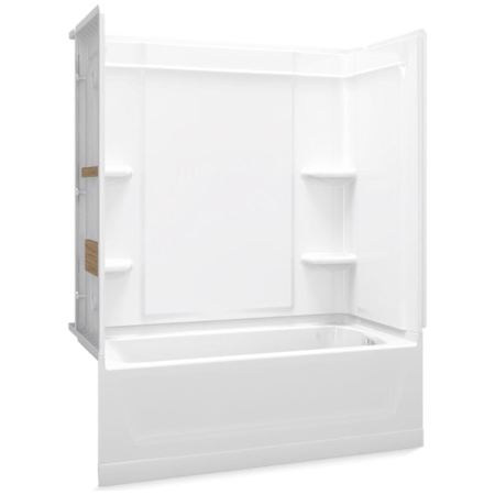 Sterling Ensemble 60" Vikrell Alcove Bath/Shower Module with Right Above-Floor Drain, Soaking Tub, 3 Walls with Backer Boards, and 4 Shelves White