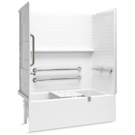 Sterling Forum Traverse 60" x 30" Vikrell Bath/Shower Module with Aging in Place Backerboards, Grab Bars, Bath Seat and Left Drain White