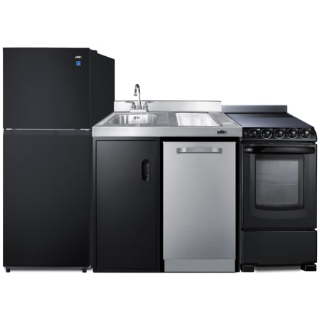 Summit 80 Inch Wide Kitchenette with Radiant Burner Electric Cooktop, Sink, Faucet, and Energy Star Refrigerator with Door Storage Black