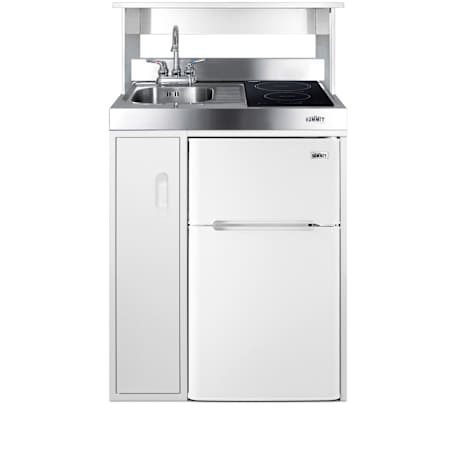 Summit 30 Inch Wide Kichenette with Induction Burner Electric Cooktop, Sink, and Faucet White