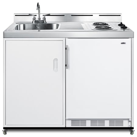 Summit 48 Inch Wide Mobile Kitchenette with Coil Burner Electric Cooktop, Sink, Faucet, and Refrigerator / Freezer - No Plumbing Required White