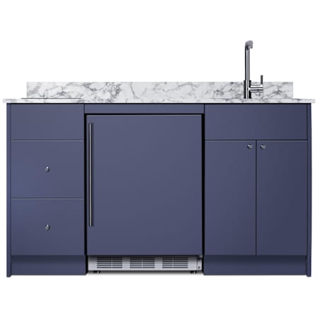 Summit 63 Inch Wide Kitchenette with Induction Burner Electric Cooktop, Sink, Faucet, and Refrigerator Blue / Glass