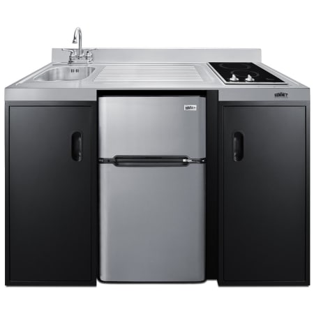 Summit 55 Inch Wide ADA Compliant Kitchenette with Radiant Burner Electric Cooktop, Left Side Sink, Faucet, and Refrigerator Stainless Steel / Black