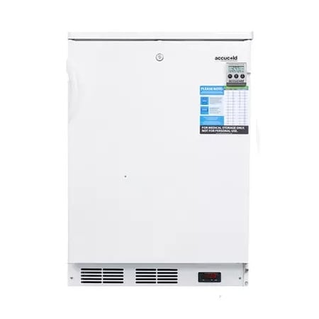 Summit 4.0 C.F. Capacity Laboratory freezer features Manual Defrost, Temperature Alarm, Front Mounted Lock, Three wire basket drawers, and thermostat control White
