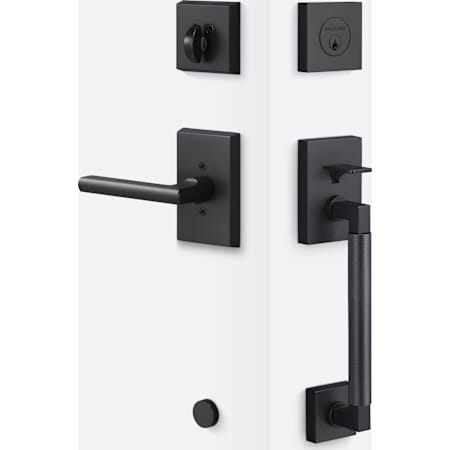 Sure-Loc Roma Sectional Keyed Entry Handleset with Knurled Grip and Logan Interior Lever Flat Black / Flat Black