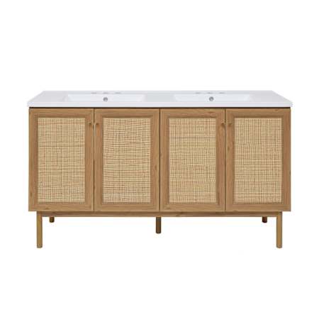 Swiss Madison Classe 60" Free Standing Double Basin Vanity Set with Cabinet and Engineered Stone Vanity Top Golden Oak / White
