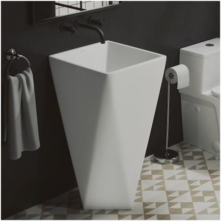 Swiss Madison Brusqu 18-1/2" Specialty Ceramic Pedestal Bathroom Sink and 0 Faucet Holes at " Centers Glossy White