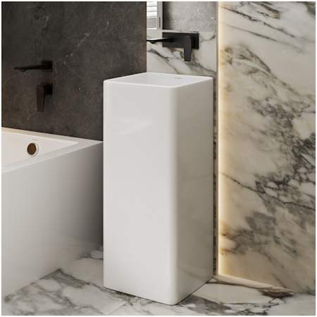 Swiss Madison Claire 15-3/4" Square Ceramic Pedestal Bathroom Sink and 0 Faucet Holes at " Centers Glossy White