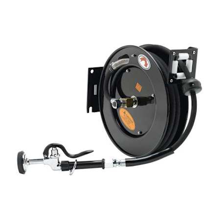 T and S Brass Open Hose Reel with 50' Hose, Reducing Adapter, and High Flow Spray Valve Black