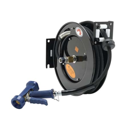 T and S Brass Open Hose Reel with 50' Hose, Reducing Adapter, and Front Trigger Water Gun Blue
