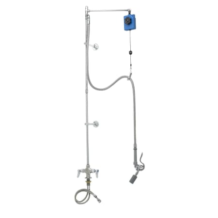 T and S Brass 0.65 GPM Deck Mounted Food Service Faucet with 24" Riser, Spray Valve, and 68" Hose - Includes Overhead Swivel Extension Arm with Balancer Chrome