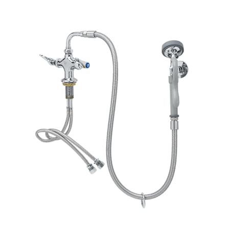 T and S Brass 1.42 GPM Deck Mounted Single Hole Food Service Faucet with Angled Spray Valve, 44" Flexible Stainless Steel Supply Hose, and Wall Hook Chrome