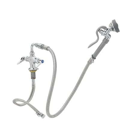 T and S Brass 1.42 GPM Deck Mounted Mixing Faucet with Angled Spray Valve and 44" Flexible Stainless Steel Hose - Includes Wall Hook and Add-On Faucet Chrome