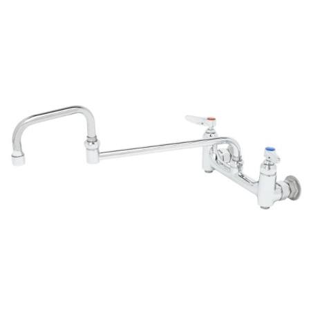 T and S Brass Double Pantry Faucet, Wall Mount, 8" Centers, 18" Double Joint Swing Nozzle, Built-In Stop Chrome