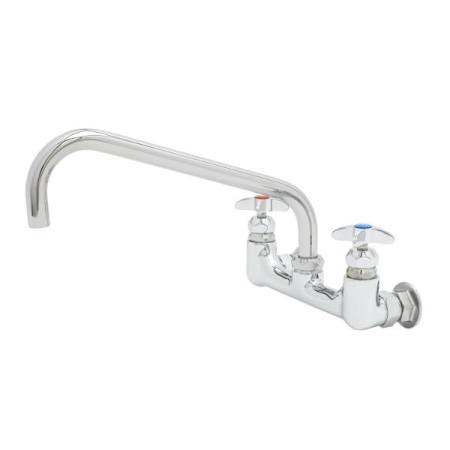 T and S Brass Big-Flo Mixing Faucet, 8" Wall Mount, 12" Swing Nozzle, 00LL Inlet Elbows, Check Valves Chrome
