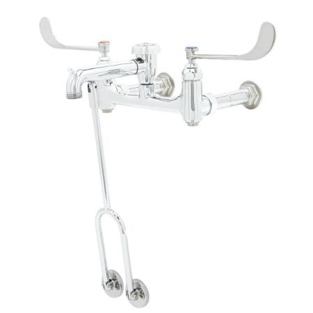 T and S Brass Service Sink Faucet, Wall Mount, 8" Centers, Vacuum Breaker, Built-In Stops, Wrist Handles Chrome