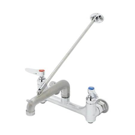T and S Brass Service Sink Faucet, 8" Wall Mount, Built-In Stops, Wall Brace, Plain Outlet, Rough Chrome Chrome