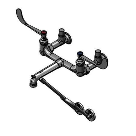 T and S Brass Service Sink Faucet, Wall Mount, 8" Centers, Wrist Handles, Integral Stops, Wall Brace Chrome