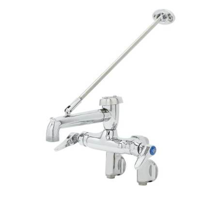 T and S Brass Service Sink Faucet, Wall Mount, Adjustable Centers, Vacuum Breaker, Wall Brace, Polished Polished Chrome