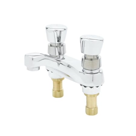 T and S Brass Metering Faucet, Deck Mount, 4" Centers, 0.5 GPM VR Outlet Device, Push Buttons Chrome