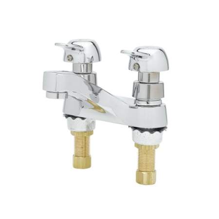 T and S Brass Metering Faucet, Deck Mount, 4" Centers, Pivot-Action Metering, 0.5 GPM VR Outlet Device Chrome