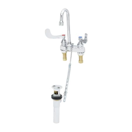T and S Brass Medical Lav Faucet, Deck Mount, Swivel/Rigid Gooseneck, Aerator, 4" Handles, Pop-Up Drain Chrome