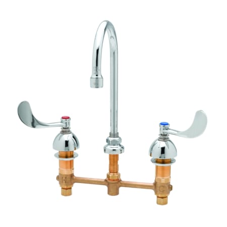 T and S Brass Deck Mounted Medical Faucet with 8" Centers, Swivel Gooseneck, 1.5 GPM Laminar Device, and 4" Wrist Action Handles Chrome