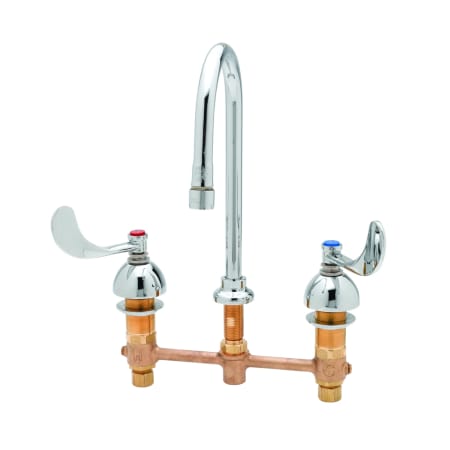 T and S Brass Deck Mounted Medical Faucet with 8" Centers, Rigid Gooseneck, 2.2 GPM VR Aerator and 4" Wrist Action Handles Chrome