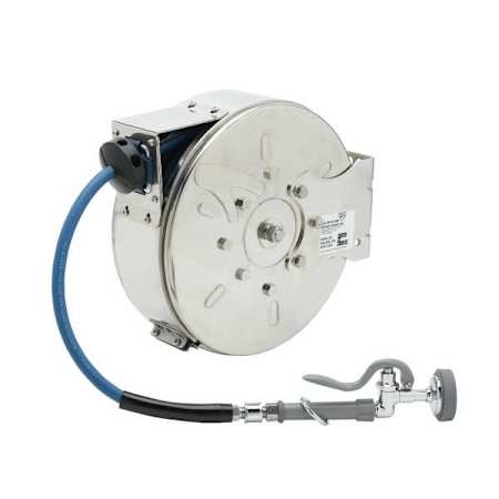 T and S Brass Enclosed Stainless Steel Hose Reel with 30' Hose, 1.42 GPM Spray Valve, and Swivel Blue