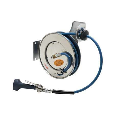 T and S Brass Open Hose reel with 35' Hose, 1.07 GPM Spray Valve, and Swivel Blue