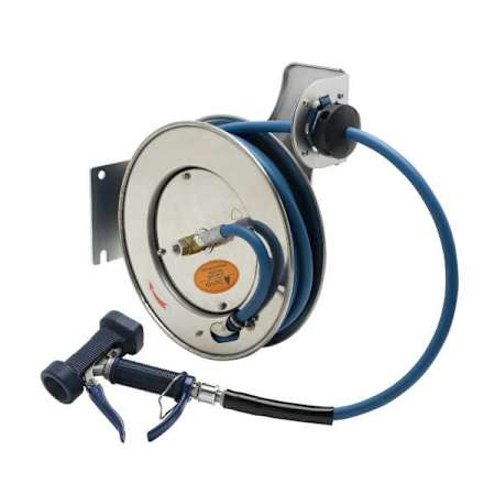 T and S Brass Open Hose reel with 35' Hose, Front Trigger Water Gun, Rubber Cover, and Swivel Blue