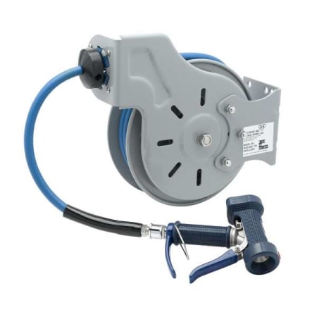 T and S Brass Open Hose Reel with 15' Hose, Front Trigger Spray Gun, and Swivel Blue
