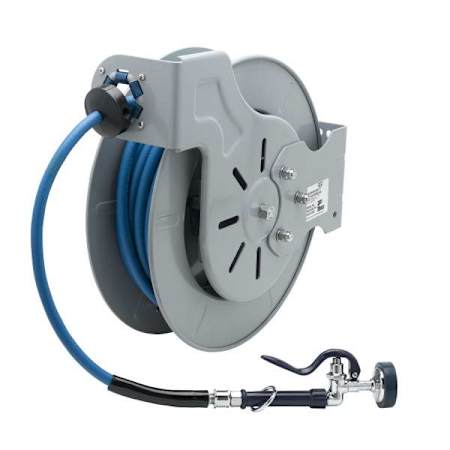 T and S Brass Open Coated Hose Reel with 50' Hose, High Flow Spray Valve, and Swivel Blue