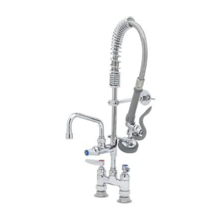 T and S Brass Mini-PRU: 4" Deck Mount Faucet, B-0107, 6" Swing Nozzle, Lever Handles, Wall Bracket Chrome