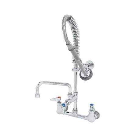 T and S Brass Mini PRU: 8" Wall Mount Base, B-0107, 8" Swivel Nozzle, Lever Handles, Wall Bracket MINI PRE-RINSE UNIT Chrome