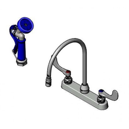 T and S Brass 2.2 GPM Deck Mounted Centerset Mixing Faucet with Spray Valve - Includes Wrist Blade Handles and 84" Vinyl Hose Chrome